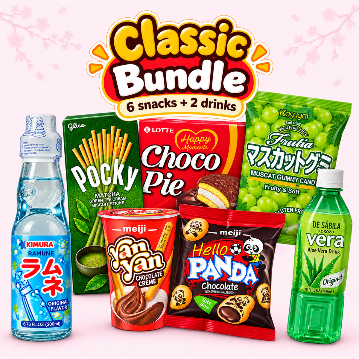Classic Asian snack box with assorted Japanese and Asian snacks and drinks