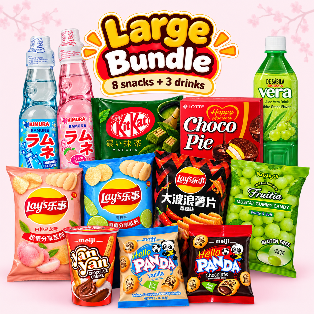 Large Asian snack box with assorted Japanese and Asian snacks and drinks