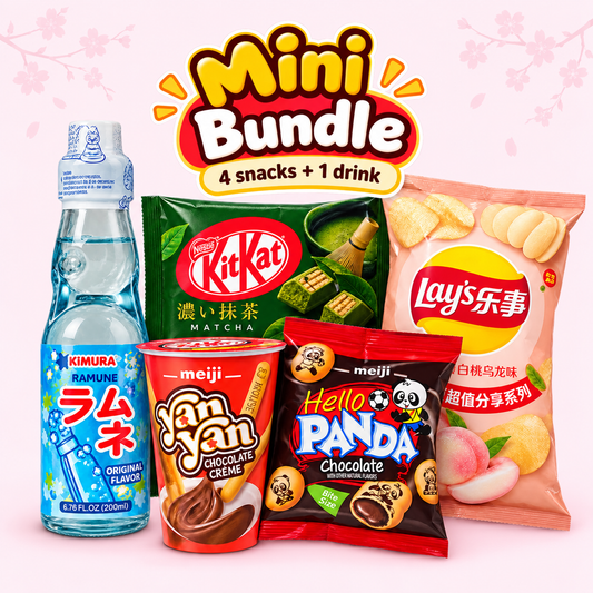 Mini Asian snack box with assorted Japanese and Asian snacks and a drink