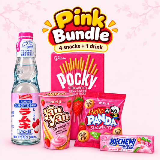 Pink Asian snack box with strawberry and colorful Japanese and Asian treats